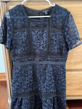 Ann Taylor Blogger Favorite Lace Overlay Eyelet Navy Black Dress 10 Fit & Flare